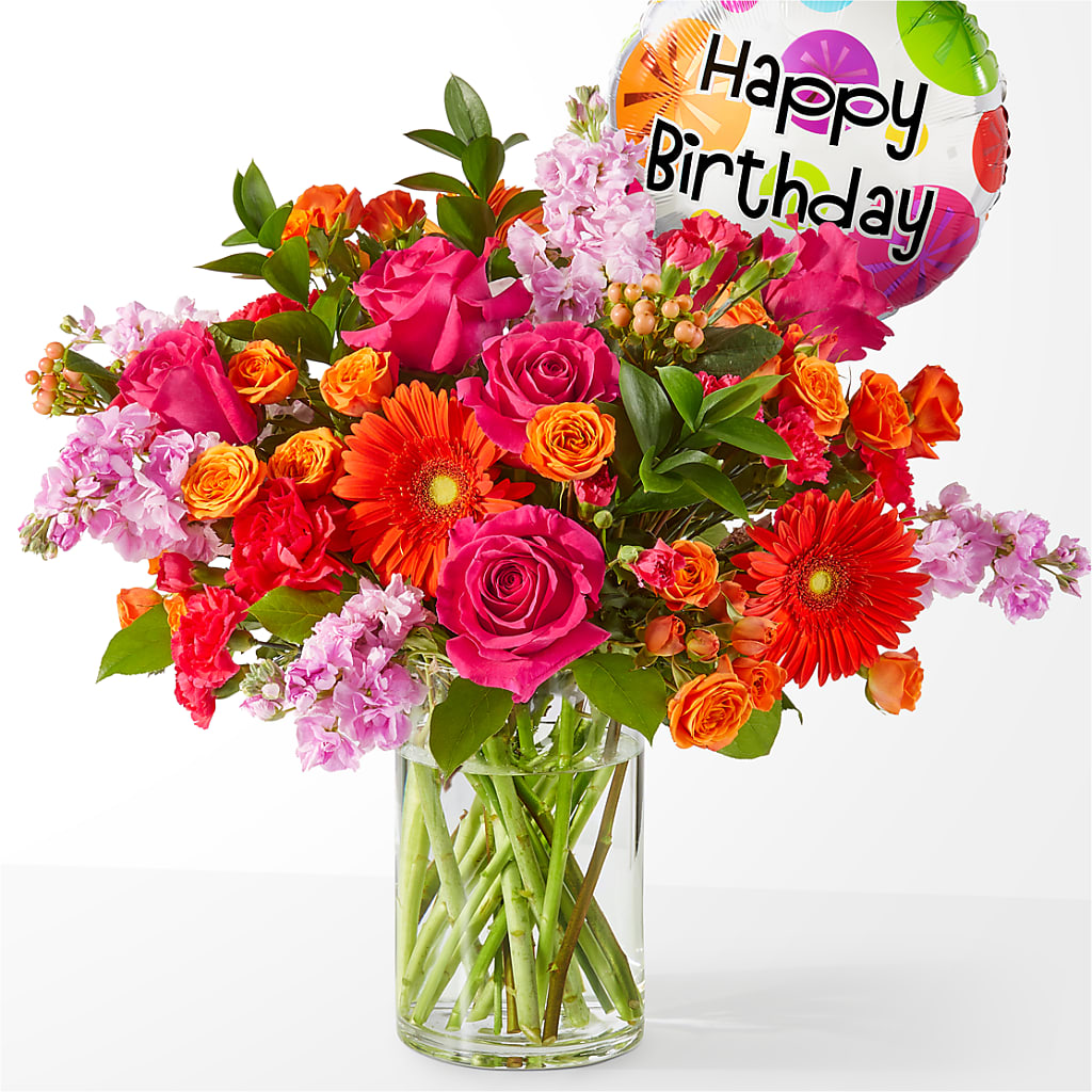 Fiesta Bouquet with Birthday Balloon – Boston City Florist, Boston MA