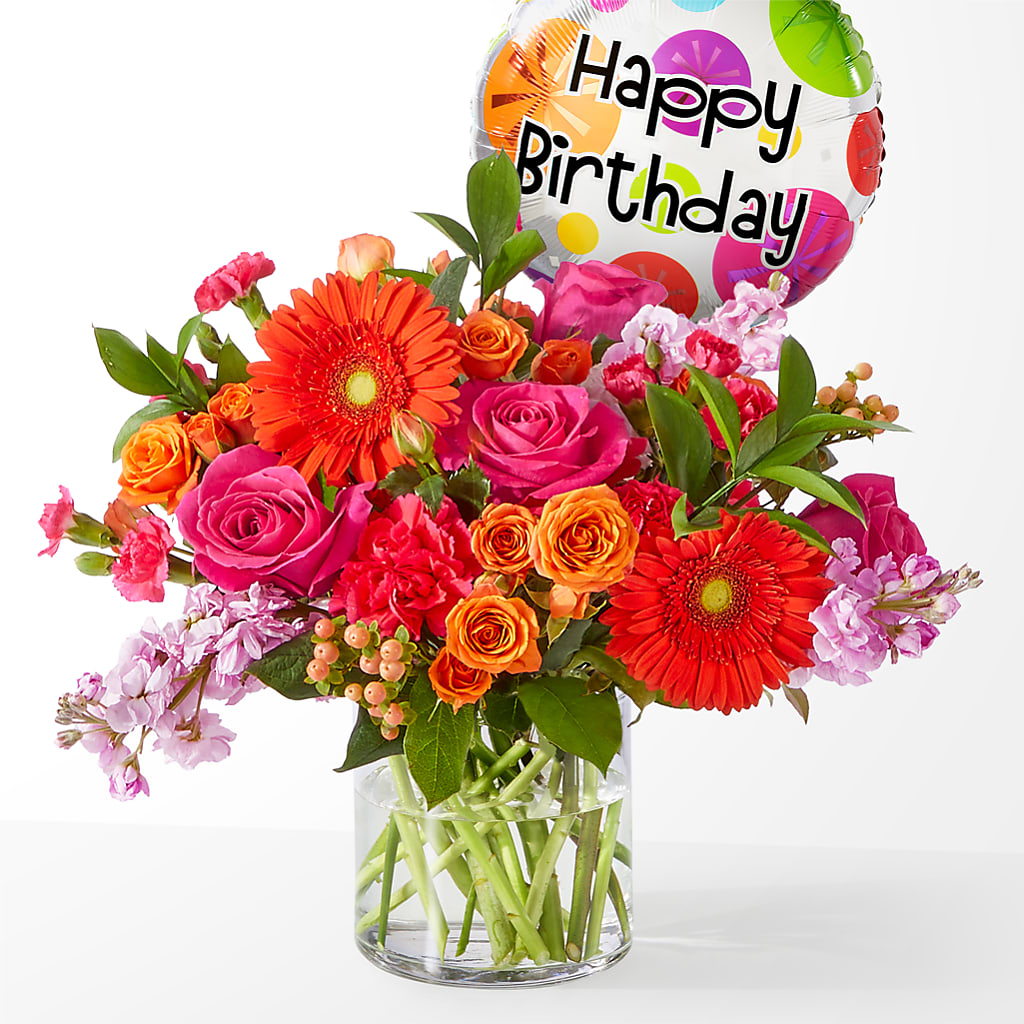 Fiesta Bouquet with Birthday Balloon – Boston City Florist, Boston MA
