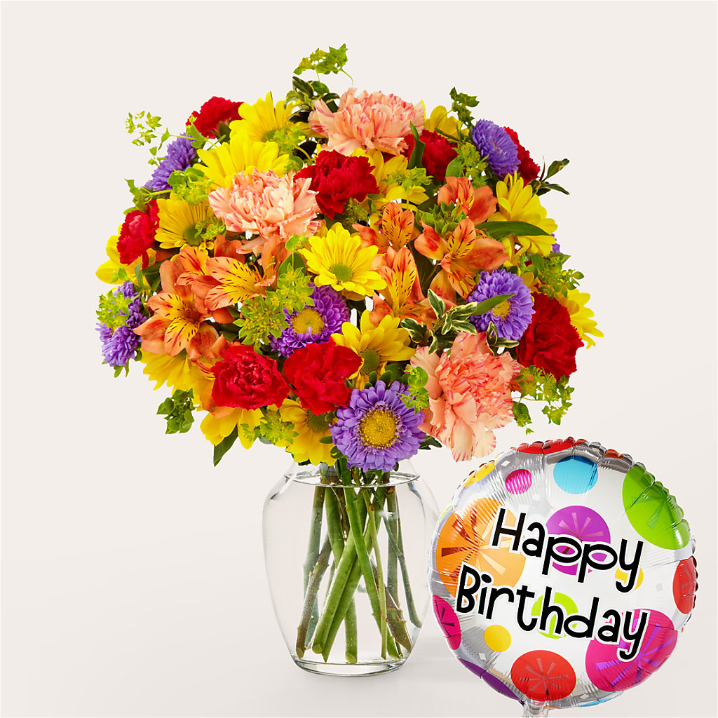 Kaleidoscope Bouquet with Birthday Balloon – Boston City Florist, Boston MA