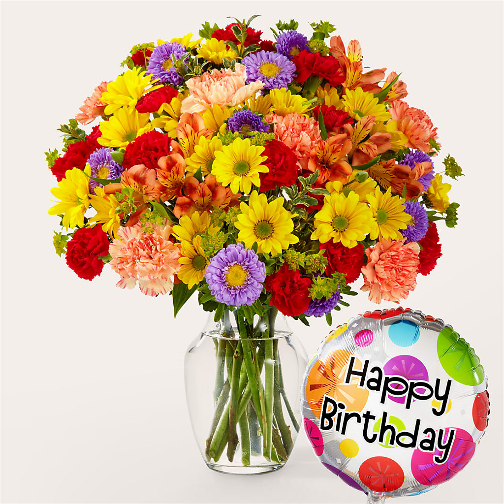 Kaleidoscope Bouquet with Birthday Balloon – Boston City Florist, Boston MA