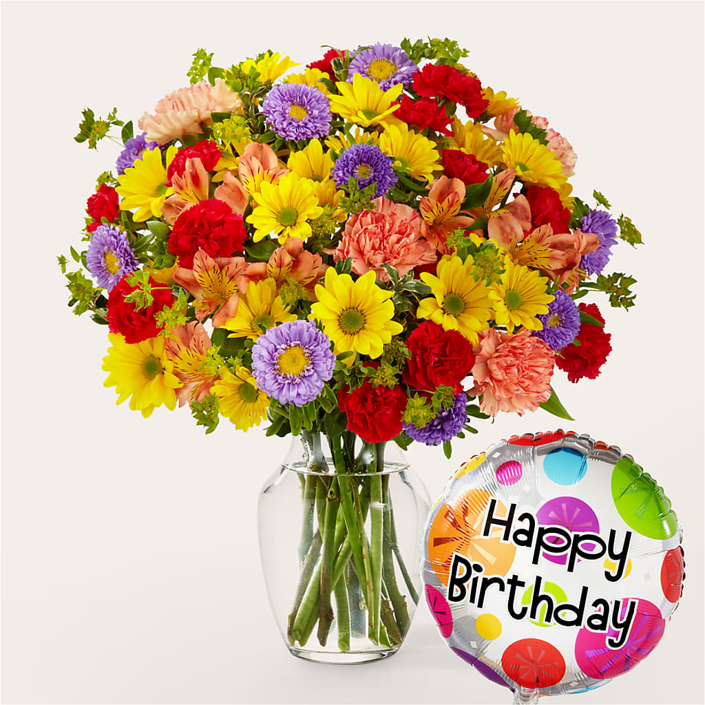 Kaleidoscope Bouquet with Birthday Balloon – Boston City Florist, Boston MA