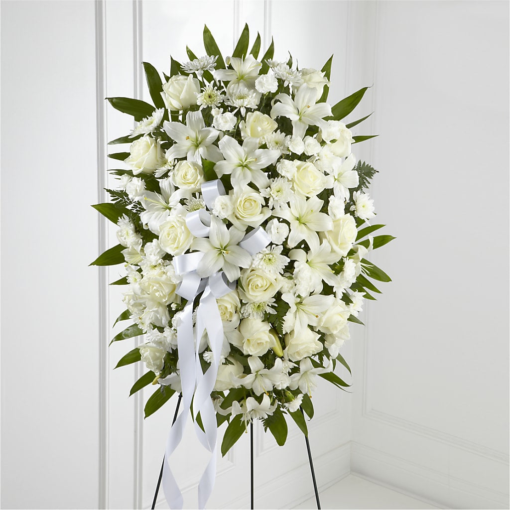 Exquisite Tribute Standing Spray-White Ribbon – Boston City Florist, Boston MA